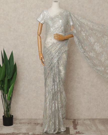 Icy Silver Premium French Metallic Chantilly Lace Saree Fabric, 5.5 Mtrs Length, 110 Cms Width, Crafted in France – Iridescent Pastel Floral Metallic Lace, Blouse Not Included-D26435
