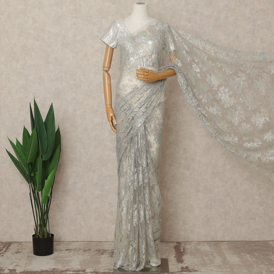 Icy Silver Premium French Metallic Chantilly Lace Saree Fabric, 5.5 Mtrs Length, 110 Cms Width, Crafted in France – Iridescent Pastel Floral Metallic Lace, Blouse Not Included-D26435