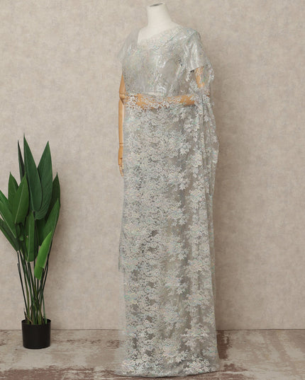 Icy Silver Premium French Metallic Chantilly Lace Saree Fabric, 5.5 Mtrs Length, 110 Cms Width, Crafted in France – Iridescent Pastel Floral Metallic Lace, Blouse Not Included-D26435