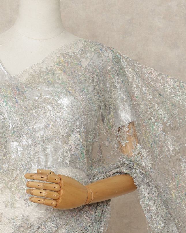 Icy Silver Premium French Metallic Chantilly Lace Saree Fabric, 5.5 Mtrs Length, 110 Cms Width, Crafted in France – Iridescent Pastel Floral Metallic Lace, Blouse Not Included-D26435
