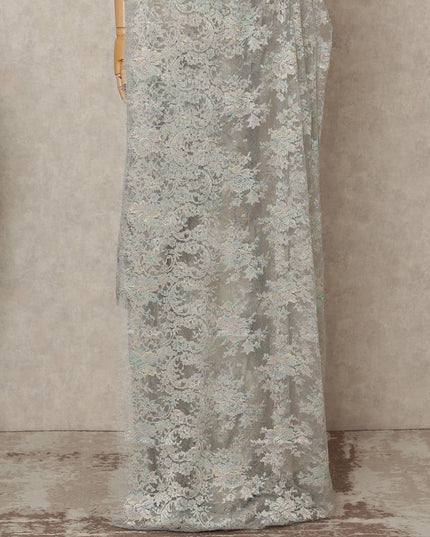Icy Silver Premium French Metallic Chantilly Lace Saree Fabric, 5.5 Mtrs Length, 110 Cms Width, Crafted in France – Iridescent Pastel Floral Metallic Lace, Blouse Not Included-D26435