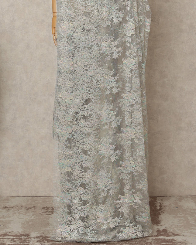 Icy Silver Premium French Metallic Chantilly Lace Saree Fabric, 5.5 Mtrs Length, 110 Cms Width, Crafted in France – Iridescent Pastel Floral Metallic Lace, Blouse Not Included-D26435