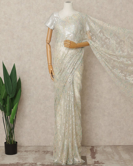 Opal Ivory Premium French Metallic Chantilly Lace Saree Fabric, 5.5 Mtrs Length, 110 Cms Width, Crafted in France – Iridescent Pastel Metallic Floral Lace, Blouse Not Included-D26430