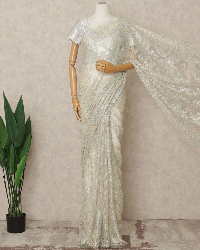 Opal Ivory Premium French Metallic Chantilly Lace Saree Fabric, 5.5 Mtrs Length, 110 Cms Width, Crafted in France – Iridescent Pastel Metallic Floral Lace, Blouse Not Included-D26430