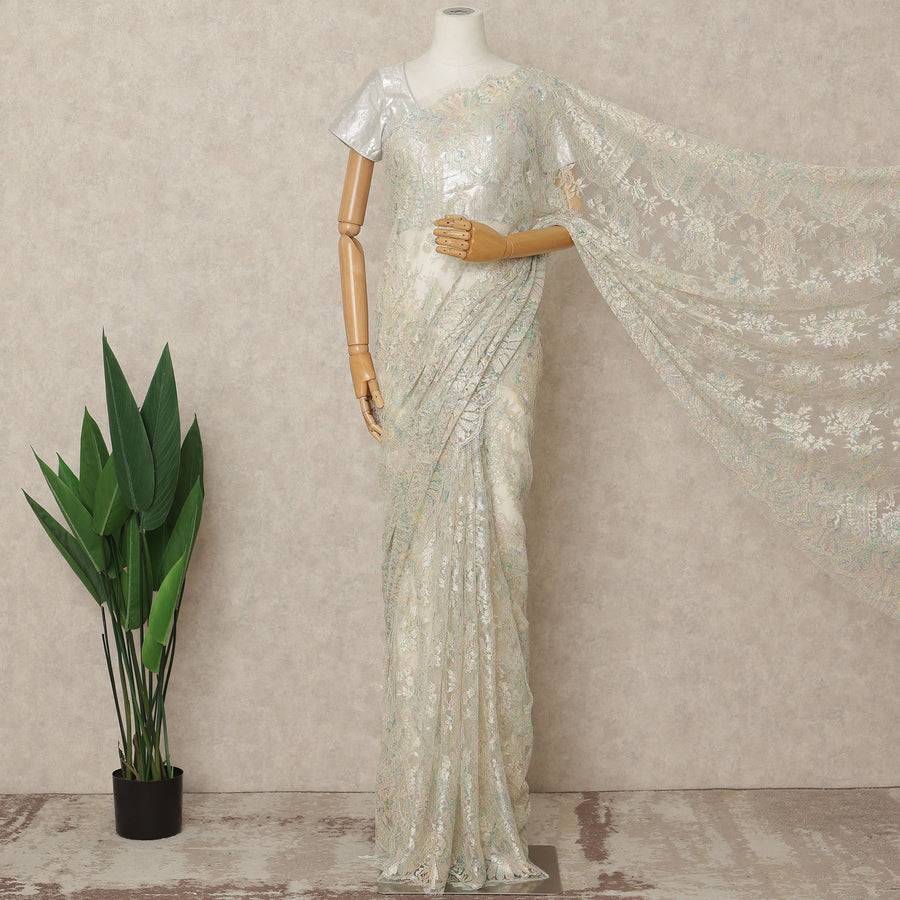 Opal Ivory Premium French Metallic Chantilly Lace Saree Fabric, 5.5 Mtrs Length, 110 Cms Width, Crafted in France – Iridescent Pastel Metallic Floral Lace, Blouse Not Included-D26430