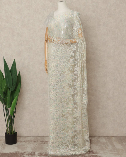 Opal Ivory Premium French Metallic Chantilly Lace Saree Fabric, 5.5 Mtrs Length, 110 Cms Width, Crafted in France – Iridescent Pastel Metallic Floral Lace, Blouse Not Included-D26430