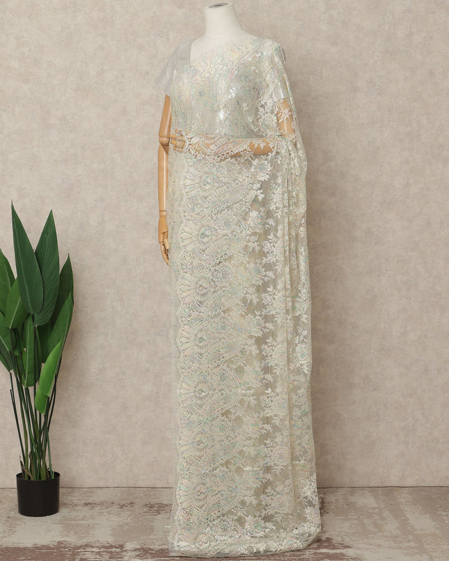 Opal Ivory Premium French Metallic Chantilly Lace Saree Fabric, 5.5 Mtrs Length, 110 Cms Width, Crafted in France – Iridescent Pastel Metallic Floral Lace, Blouse Not Included-D26430