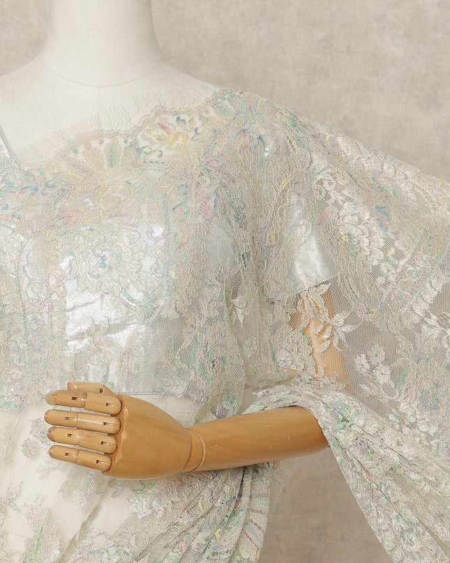 Opal Ivory Premium French Metallic Chantilly Lace Saree Fabric, 5.5 Mtrs Length, 110 Cms Width, Crafted in France – Iridescent Pastel Metallic Floral Lace, Blouse Not Included-D26430