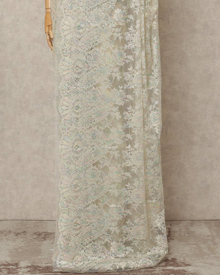Opal Ivory Premium French Metallic Chantilly Lace Saree Fabric, 5.5 Mtrs Length, 110 Cms Width, Crafted in France – Iridescent Pastel Metallic Floral Lace, Blouse Not Included-D26430