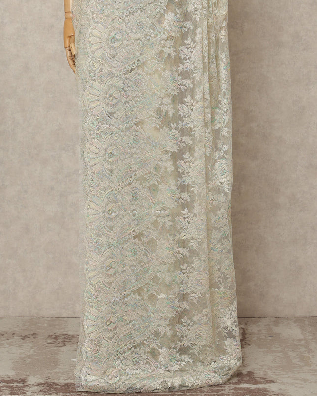 Opal Ivory Premium French Metallic Chantilly Lace Saree Fabric, 5.5 Mtrs Length, 110 Cms Width, Crafted in France – Iridescent Pastel Metallic Floral Lace, Blouse Not Included-D26430