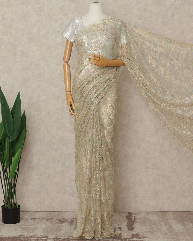 Champagne Gold Premium French Metallic Chantilly Lace Saree Fabric, 5.5 Mtrs Length, 110 Cms Width, Crafted in France – Iridescent Pastel Floral Lace, Blouse Not Included-D26432