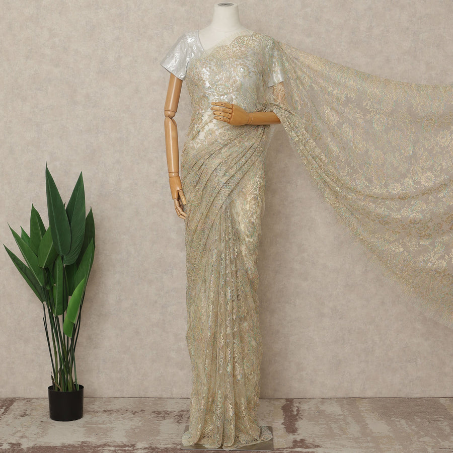 Champagne Gold Premium French Metallic Chantilly Lace Saree Fabric, 5.5 Mtrs Length, 110 Cms Width, Crafted in France – Iridescent Pastel Floral Lace, Blouse Not Included-D26432 Regal Fabrics