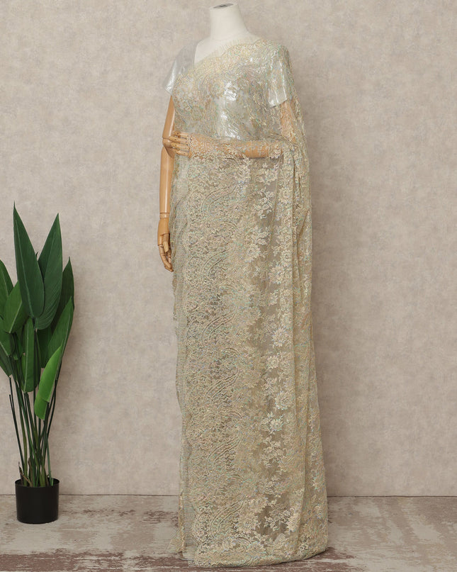 Champagne Gold Premium French Metallic Chantilly Lace Saree Fabric, 5.5 Mtrs Length, 110 Cms Width, Crafted in France – Iridescent Pastel Floral Lace, Blouse Not Included-D26432