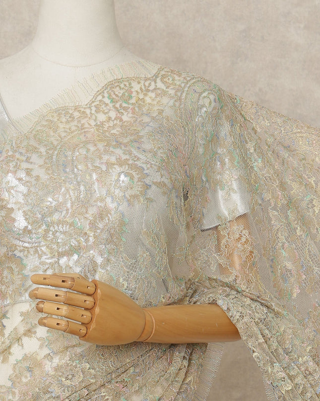 Champagne Gold Premium French Metallic Chantilly Lace Saree Fabric, 5.5 Mtrs Length, 110 Cms Width, Crafted in France – Iridescent Pastel Floral Lace, Blouse Not Included-D26432