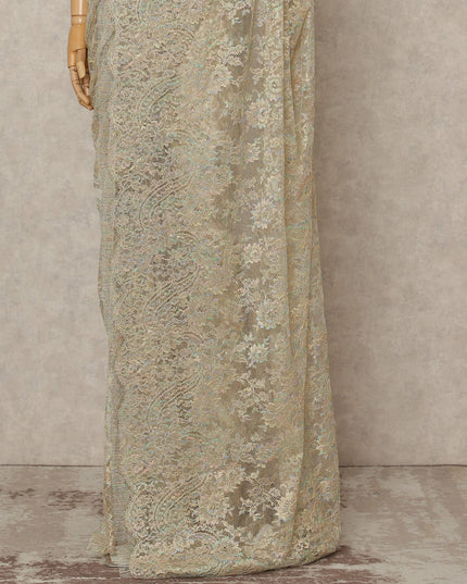 Champagne Gold Premium French Metallic Chantilly Lace Saree Fabric, 5.5 Mtrs Length, 110 Cms Width, Crafted in France – Iridescent Pastel Floral Lace, Blouse Not Included-D26432 Regal Fabrics