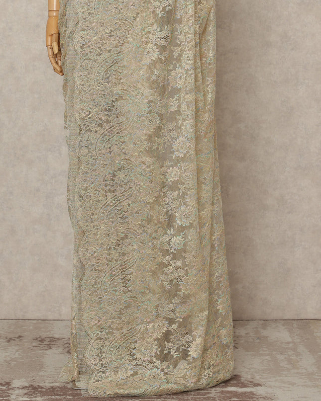 Champagne Gold Premium French Metallic Chantilly Lace Saree Fabric, 5.5 Mtrs Length, 110 Cms Width, Crafted in France – Iridescent Pastel Floral Lace, Blouse Not Included-D26432