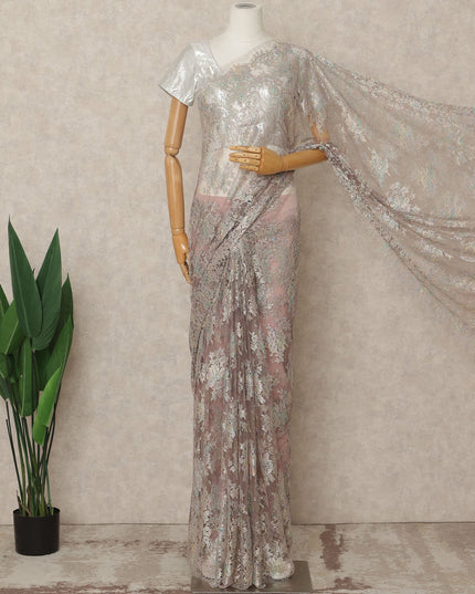 Iridescent Beige Premium French Metallic Chantilly Lace Saree Fabric, 5.5 Mtrs Length, 110 Cms Width, Crafted in France – Multi-Tone Metallic Floral Lace, Blouse Not Included-D26420