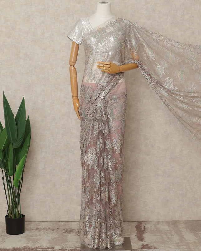 Iridescent Beige Premium French Metallic Chantilly Lace Saree Fabric, 5.5 Mtrs Length, 110 Cms Width, Crafted in France – Multi-Tone Metallic Floral Lace, Blouse Not Included-D26420
