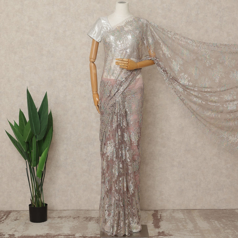 Iridescent Beige Premium French Metallic Chantilly Lace Saree Fabric, 5.5 Mtrs Length, 110 Cms Width, Crafted in France – Multi-Tone Metallic Floral Lace, Blouse Not Included-D26420