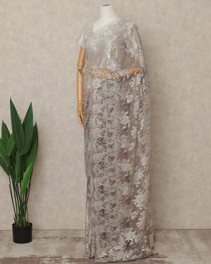 Iridescent Beige Premium French Metallic Chantilly Lace Saree Fabric, 5.5 Mtrs Length, 110 Cms Width, Crafted in France – Multi-Tone Metallic Floral Lace, Blouse Not Included-D26420