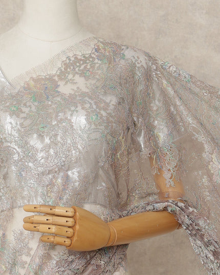 Iridescent Beige Premium French Metallic Chantilly Lace Saree Fabric, 5.5 Mtrs Length, 110 Cms Width, Crafted in France – Multi-Tone Metallic Floral Lace, Blouse Not Included-D26420