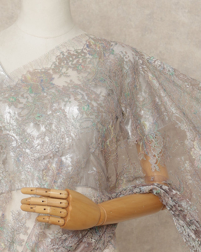 Iridescent Beige Premium French Metallic Chantilly Lace Saree Fabric, 5.5 Mtrs Length, 110 Cms Width, Crafted in France – Multi-Tone Metallic Floral Lace, Blouse Not Included-D26420
