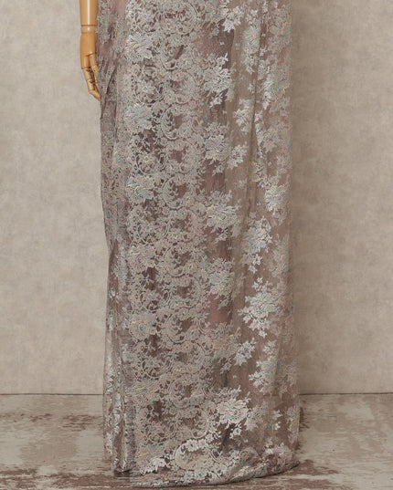 Iridescent Beige Premium French Metallic Chantilly Lace Saree Fabric, 5.5 Mtrs Length, 110 Cms Width, Crafted in France – Multi-Tone Metallic Floral Lace, Blouse Not Included-D26420