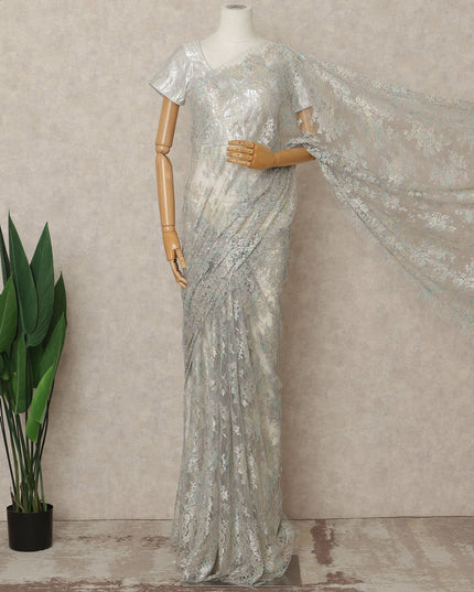 Pastel Silver Premium French Metallic Chantilly Lace Saree Fabric, 5.5 Mtrs Length, 110 Cms Width, Crafted in France – Iridescent Multitone Floral Lace, Blouse Not Included-D26425