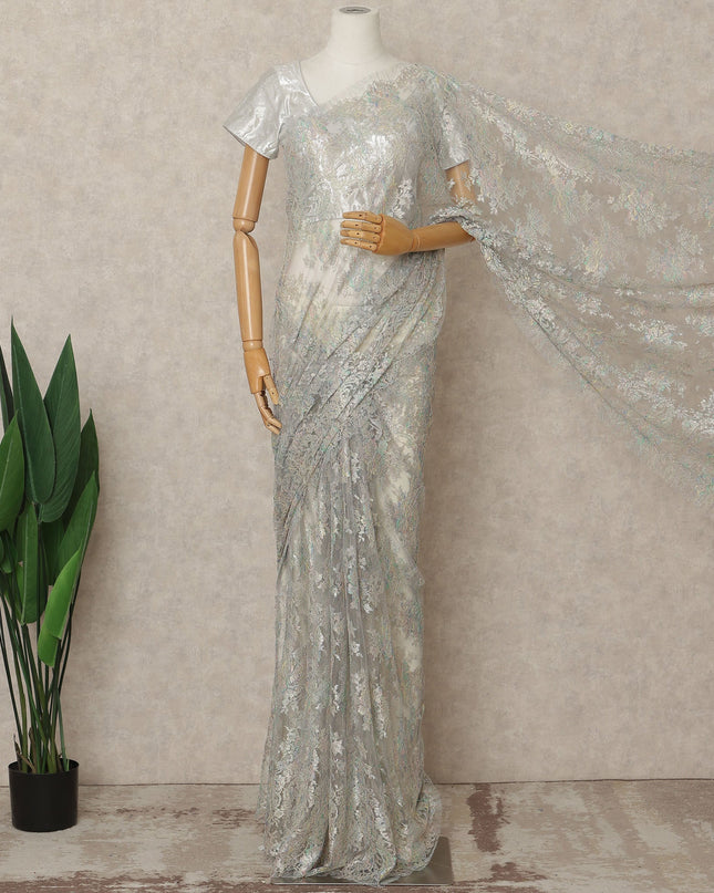 Pastel Silver Premium French Metallic Chantilly Lace Saree Fabric, 5.5 Mtrs Length, 110 Cms Width, Crafted in France – Iridescent Multitone Floral Lace, Blouse Not Included-D26425