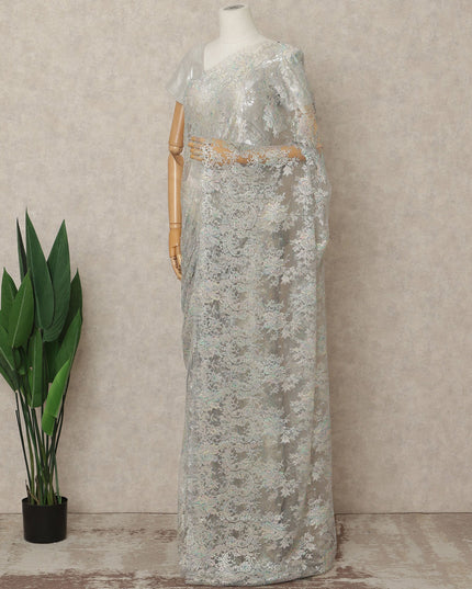 Pastel Silver Premium French Metallic Chantilly Lace Saree Fabric, 5.5 Mtrs Length, 110 Cms Width, Crafted in France – Iridescent Multitone Floral Lace, Blouse Not Included-D26425