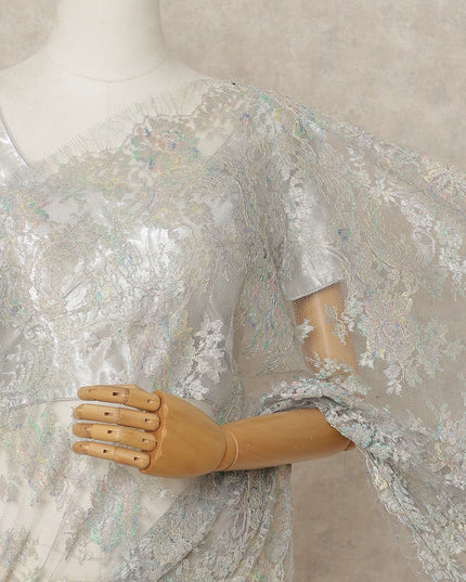Pastel Silver Premium French Metallic Chantilly Lace Saree Fabric, 5.5 Mtrs Length, 110 Cms Width, Crafted in France – Iridescent Multitone Floral Lace, Blouse Not Included-D26425