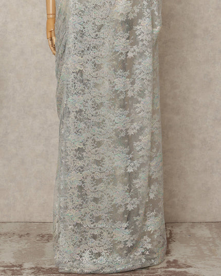 Pastel Silver Premium French Metallic Chantilly Lace Saree Fabric, 5.5 Mtrs Length, 110 Cms Width, Crafted in France – Iridescent Multitone Floral Lace, Blouse Not Included-D26425