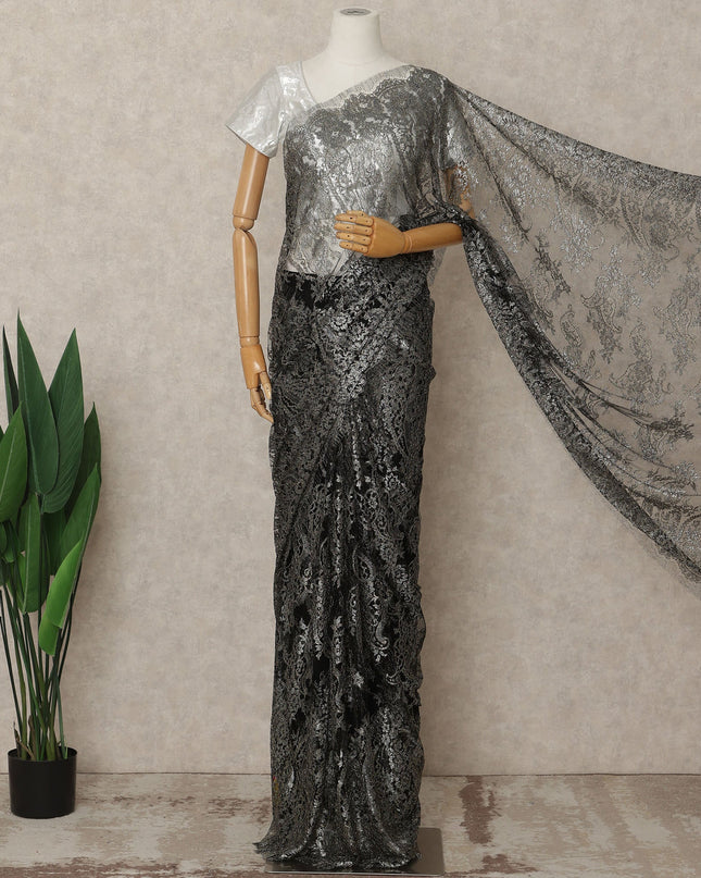 Gunmetal Black Premium French Metallic Chantilly Lace Saree Fabric, 5.5 Mtrs Length, 110 Cms Width, Crafted in France – Luxurious Metallic Floral Lace, Blouse Not Included-D26424