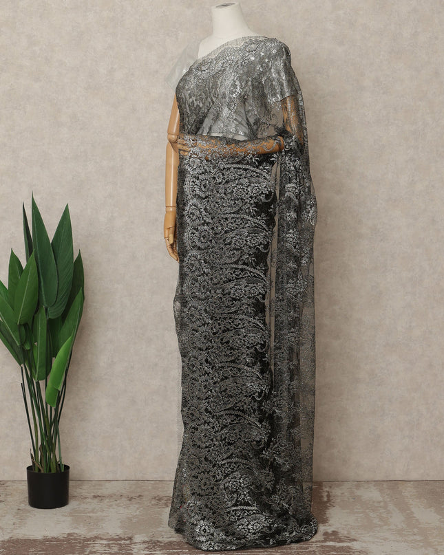 Gunmetal Black Premium French Metallic Chantilly Lace Saree Fabric, 5.5 Mtrs Length, 110 Cms Width, Crafted in France – Luxurious Metallic Floral Lace, Blouse Not Included-D26424