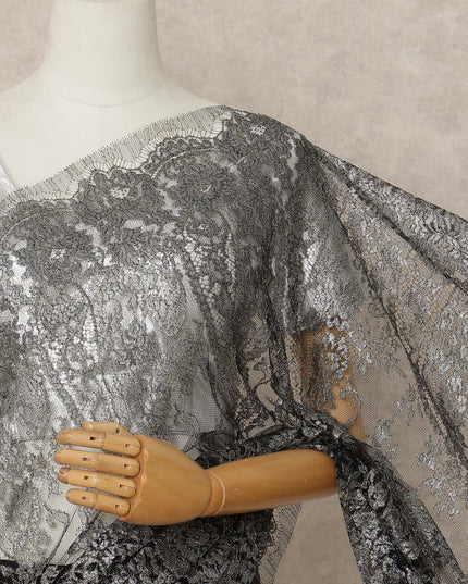 Gunmetal Black Premium French Metallic Chantilly Lace Saree Fabric, 5.5 Mtrs Length, 110 Cms Width, Crafted in France – Luxurious Metallic Floral Lace, Blouse Not Included-D26424