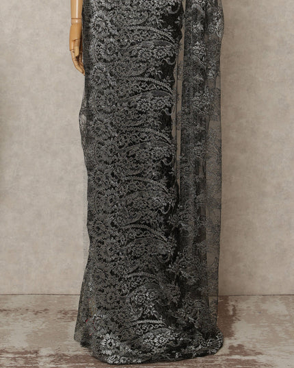 Gunmetal Black Premium French Metallic Chantilly Lace Saree Fabric, 5.5 Mtrs Length, 110 Cms Width, Crafted in France – Luxurious Metallic Floral Lace, Blouse Not Included-D26424