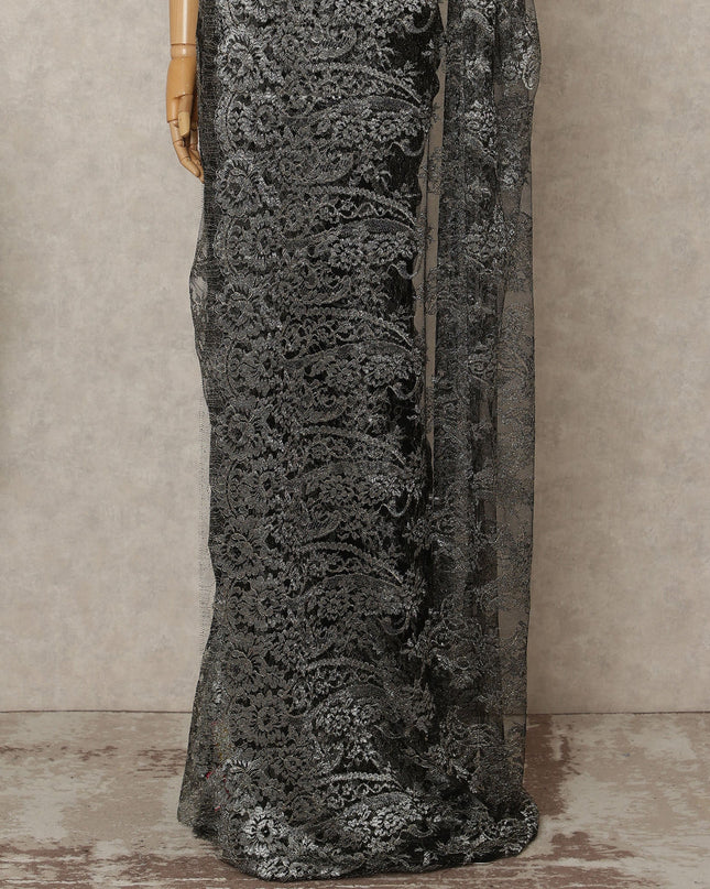 Gunmetal Black Premium French Metallic Chantilly Lace Saree Fabric, 5.5 Mtrs Length, 110 Cms Width, Crafted in France – Luxurious Metallic Floral Lace, Blouse Not Included-D26424