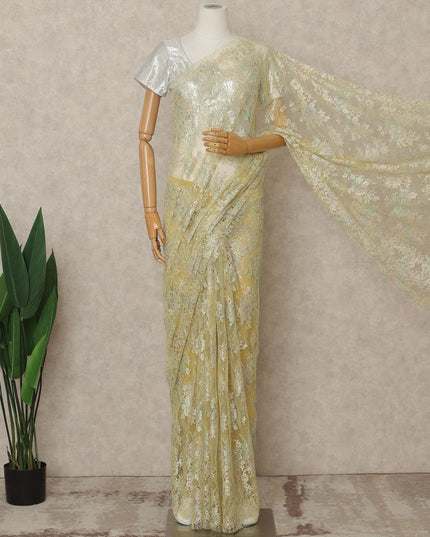 Pastel Gold Premium French Metallic Chantilly Lace Saree Fabric, 5.5 Mtrs Length, 110 Cms Width, Crafted in France – Iridescent Floral Metallic Lace, Blouse Not Included-D26427