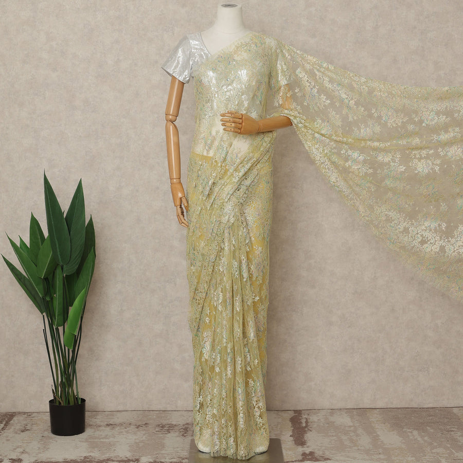 Pastel Gold Premium French Metallic Chantilly Lace Saree Fabric, 5.5 Mtrs Length, 110 Cms Width, Crafted in France – Iridescent Floral Metallic Lace, Blouse Not Included-D26427