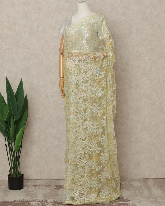 Pastel Gold Premium French Metallic Chantilly Lace Saree Fabric, 5.5 Mtrs Length, 110 Cms Width, Crafted in France – Iridescent Floral Metallic Lace, Blouse Not Included-D26427