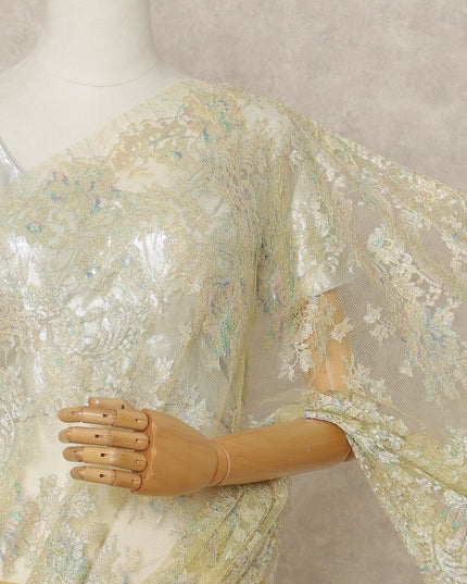 Pastel Gold Premium French Metallic Chantilly Lace Saree Fabric, 5.5 Mtrs Length, 110 Cms Width, Crafted in France – Iridescent Floral Metallic Lace, Blouse Not Included-D26427