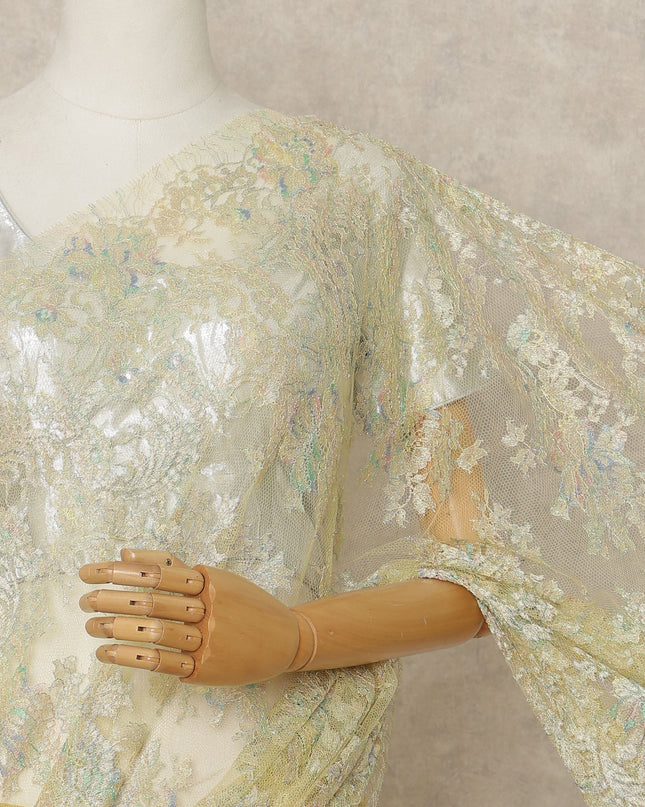 Pastel Gold Premium French Metallic Chantilly Lace Saree Fabric, 5.5 Mtrs Length, 110 Cms Width, Crafted in France – Iridescent Floral Metallic Lace, Blouse Not Included-D26427