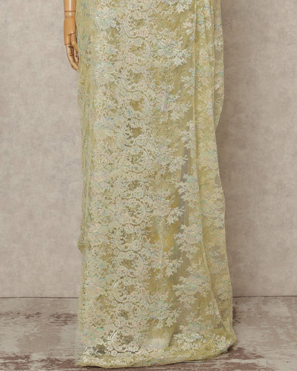 Pastel Gold Premium French Metallic Chantilly Lace Saree Fabric, 5.5 Mtrs Length, 110 Cms Width, Crafted in France – Iridescent Floral Metallic Lace, Blouse Not Included-D26427