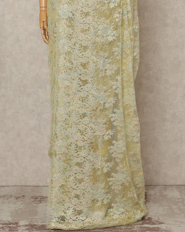 Pastel Gold Premium French Metallic Chantilly Lace Saree Fabric, 5.5 Mtrs Length, 110 Cms Width, Crafted in France – Iridescent Floral Metallic Lace, Blouse Not Included-D26427