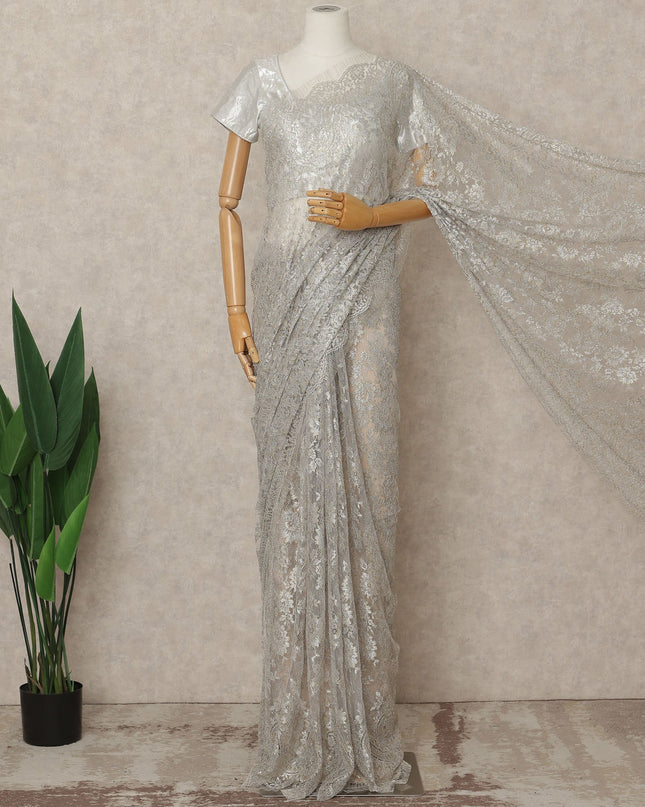 Silver Premium French Metallic Chantilly Lace Saree Fabric, 5.5 Mtrs Length, 110 Cms Width, Crafted in France – Exquisite Metallic Floral Lace, Blouse Not Included-D26419