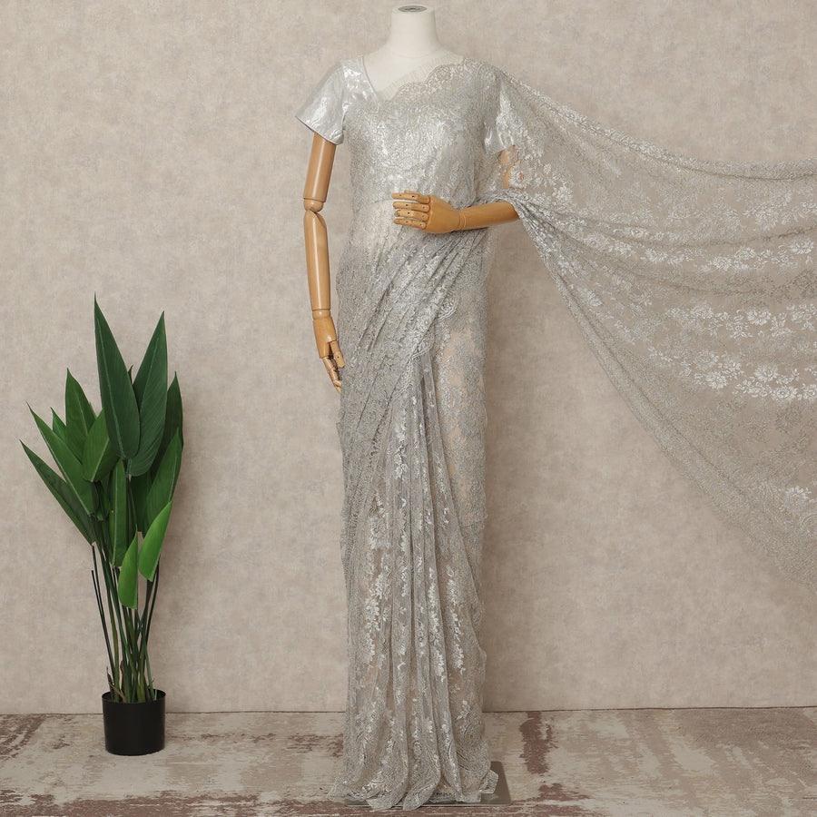 Silver Premium French Metallic Chantilly Lace Saree Fabric, 5.5 Mtrs Length, 110 Cms Width, Crafted in France – Exquisite Metallic Floral Lace, Blouse Not Included-D26419