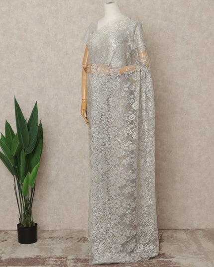 Silver Premium French Metallic Chantilly Lace Saree Fabric, 5.5 Mtrs Length, 110 Cms Width, Crafted in France – Exquisite Metallic Floral Lace, Blouse Not Included-D26419