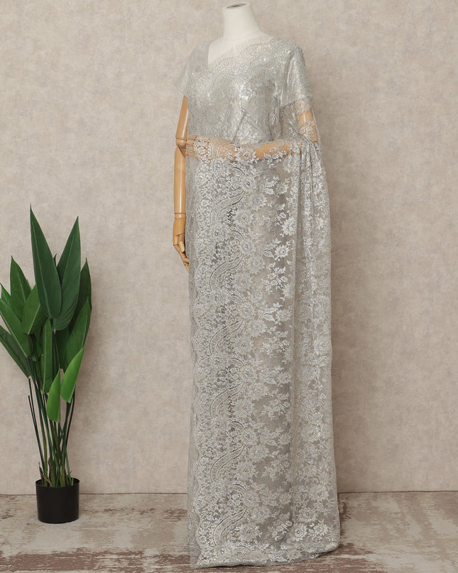 Silver Premium French Metallic Chantilly Lace Saree Fabric, 5.5 Mtrs Length, 110 Cms Width, Crafted in France – Exquisite Metallic Floral Lace, Blouse Not Included-D26419