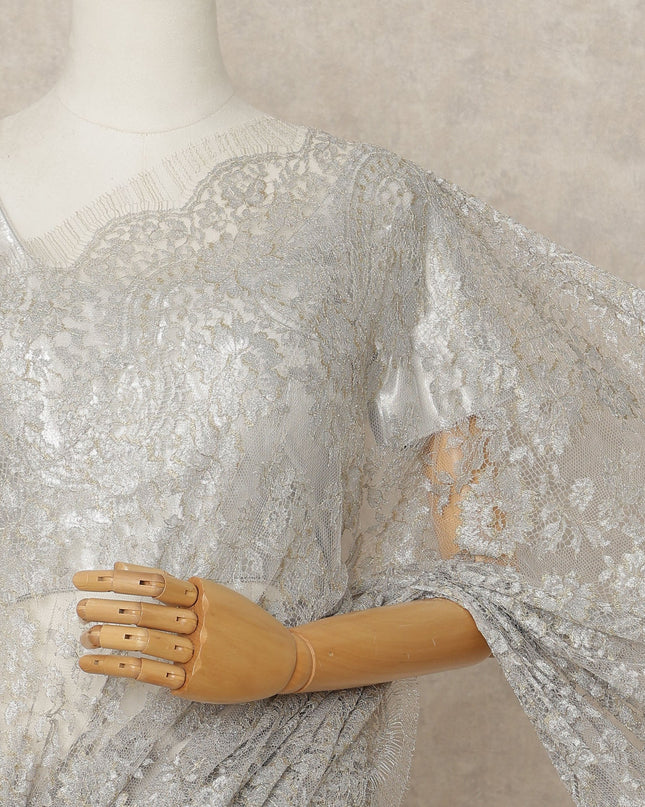 Silver Premium French Metallic Chantilly Lace Saree Fabric, 5.5 Mtrs Length, 110 Cms Width, Crafted in France – Exquisite Metallic Floral Lace, Blouse Not Included-D26419