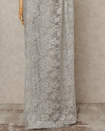 Silver Premium French Metallic Chantilly Lace Saree Fabric, 5.5 Mtrs Length, 110 Cms Width, Crafted in France – Exquisite Metallic Floral Lace, Blouse Not Included-D26419